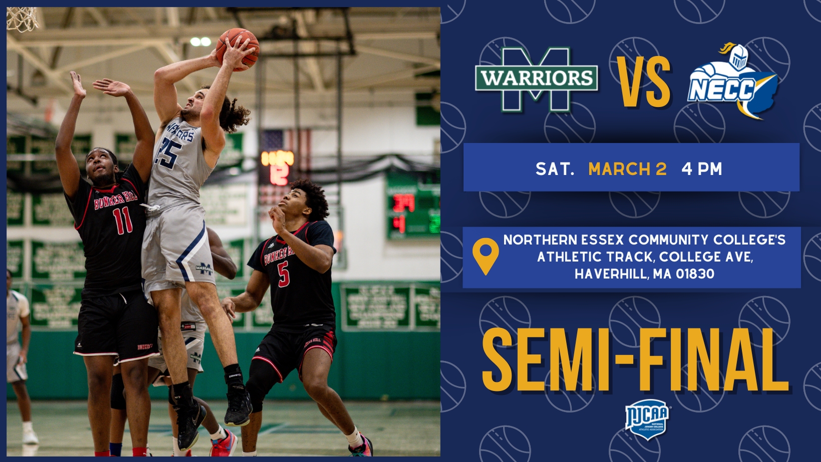 Massasoit Men's Basketball advances to the Semi-Finals at Northern Essex CC following an 88-77 victory over Bristol CC on Wednesday, February 28th.
